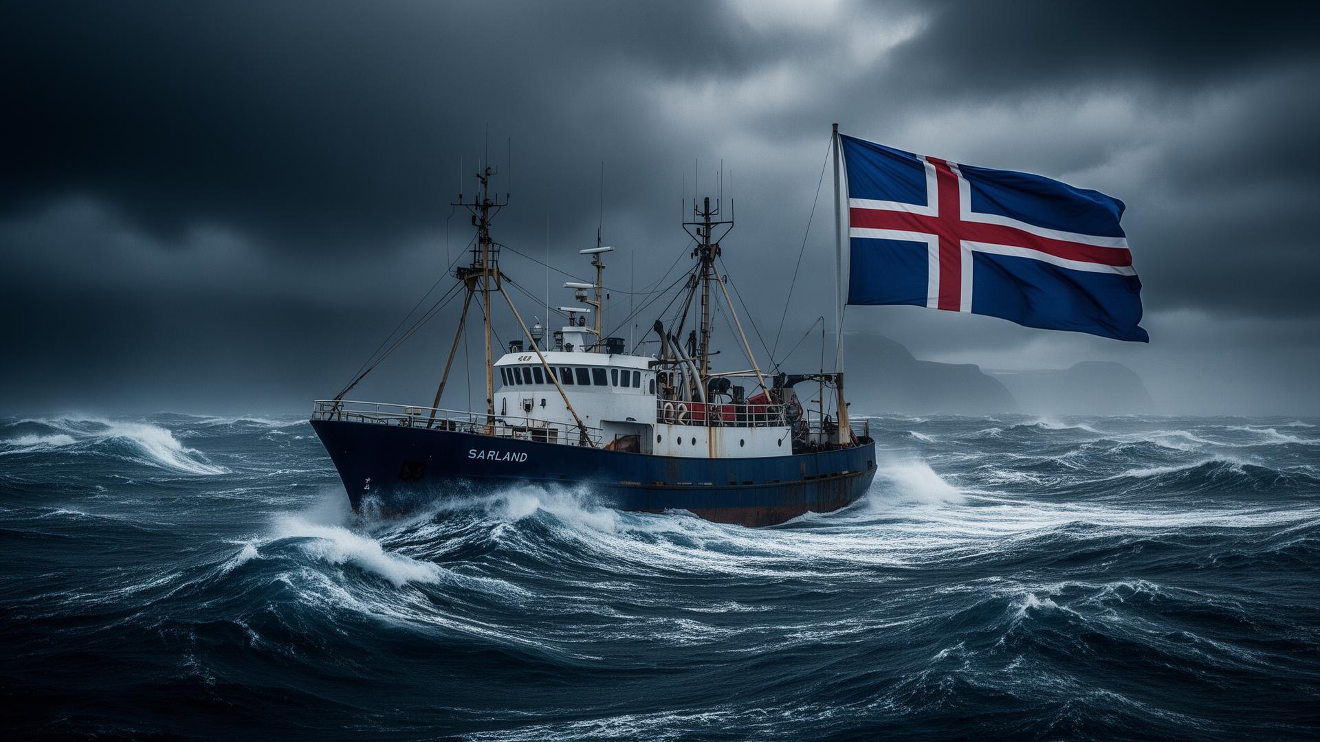 Íslenskur fiskibátur með íslenska fánann í úfnum sjó