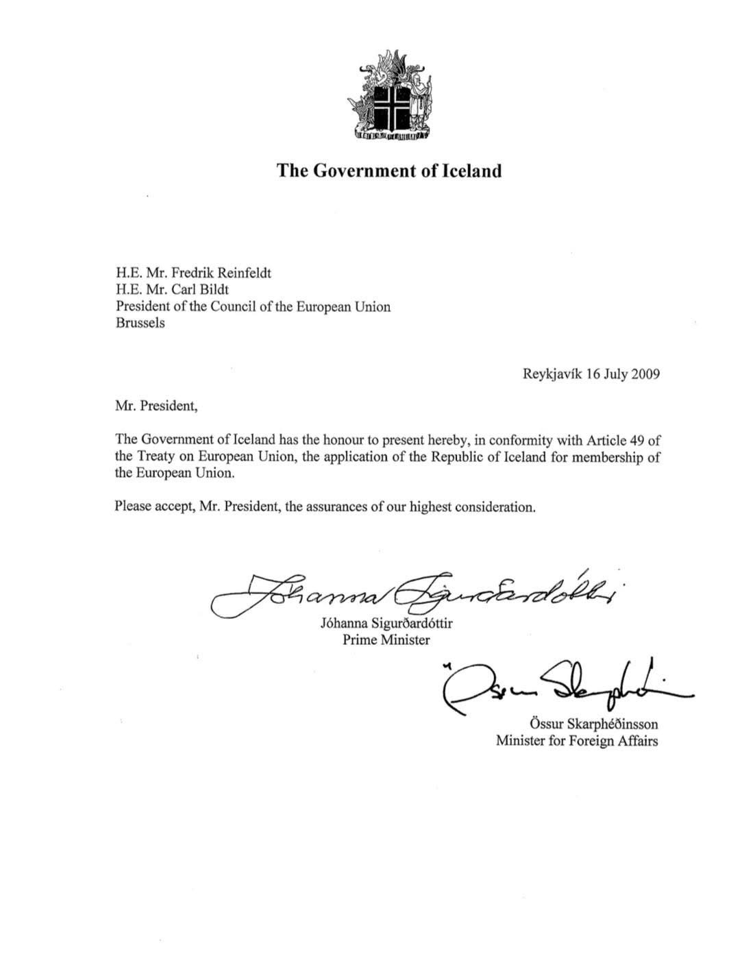 Aðildarumsókn Íslands að Evrópusambandinu, undirrituð 16. júlí 2009